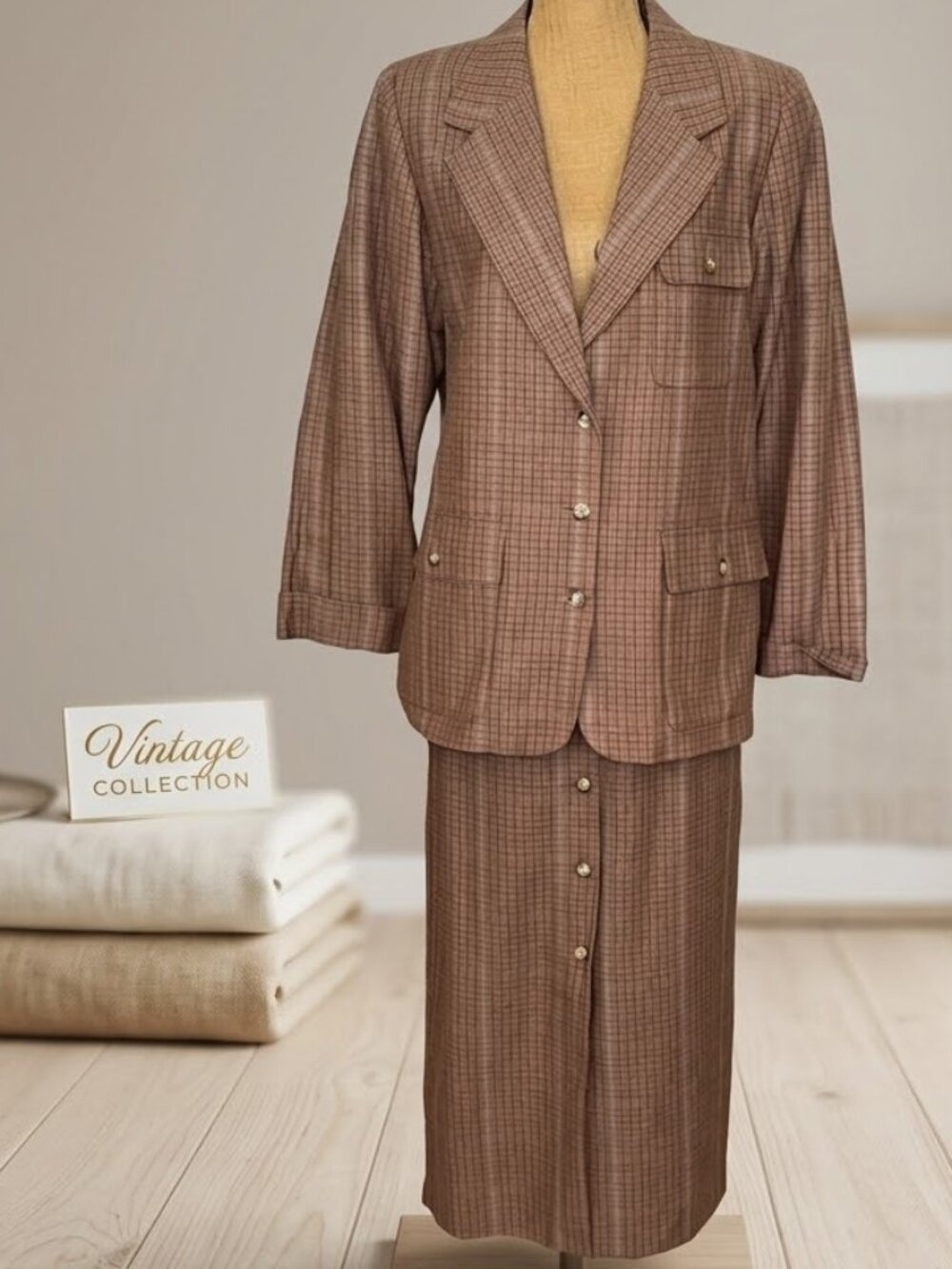 Vintage Country Shop Two piece Brown Plaid  Blazer Jacket/Skirt set sz M